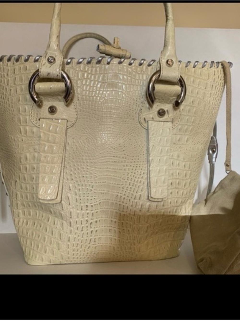 Francesco Biasia Croc-Embossed Cream Tote with Metal Ring Hardware
